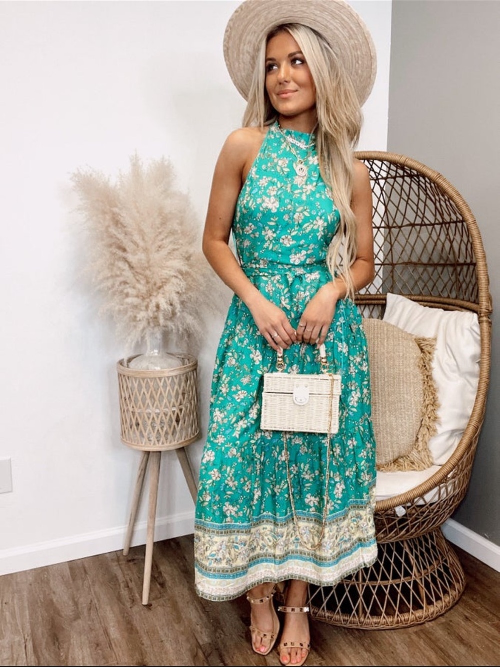 HYFVE Teal Green Floral Halter Maxi Dress